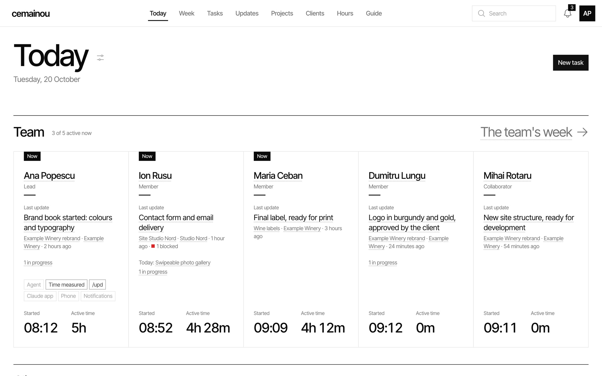 The Today page of cemainou, with sample data